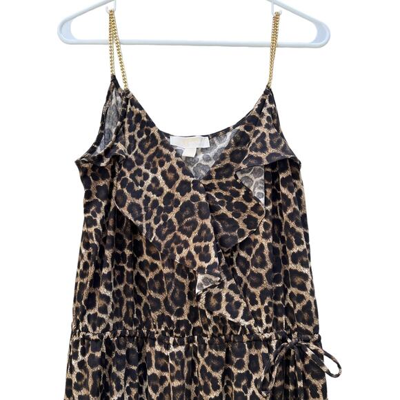 MICHAEL Michael Kors Wrap Dress Gold Chain Straps Animal Print Ruffle Women Larg - Picture 2 of 5